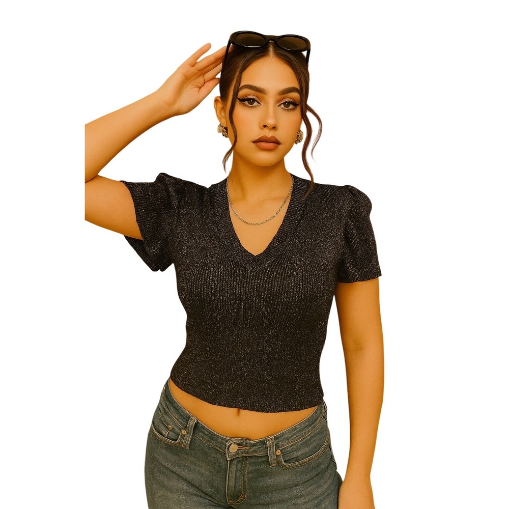 Nanette Lepore Y2K Women's Black Sparkle Knit Short Sleeve V Neck Top Size M